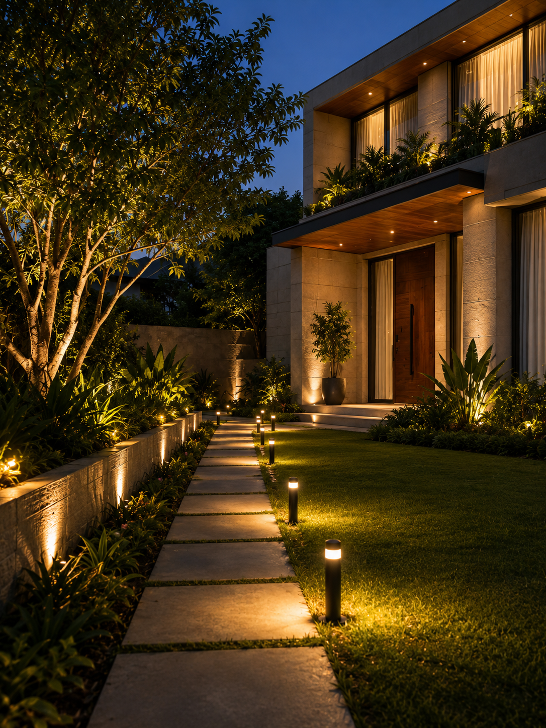 Illuminated villa entrance at dusk